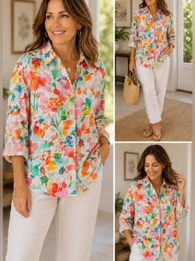 Chico’s No Iron FreshChic Multicolor Floral Button Down Shirt Size 3 16/18